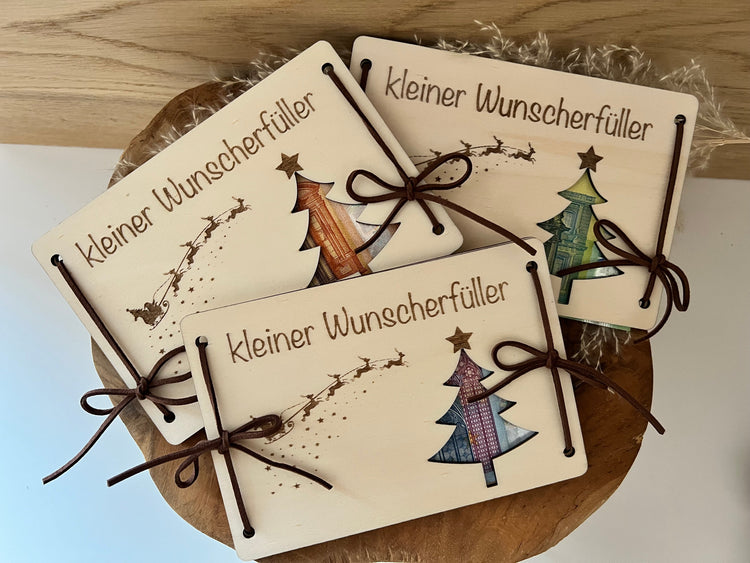 Weihnachtsgeschenk: Geldgeschenk für Mitarbeiter, Familie und Freunde. Gravierte Holzkarte mit Weihnachtsmotiv.