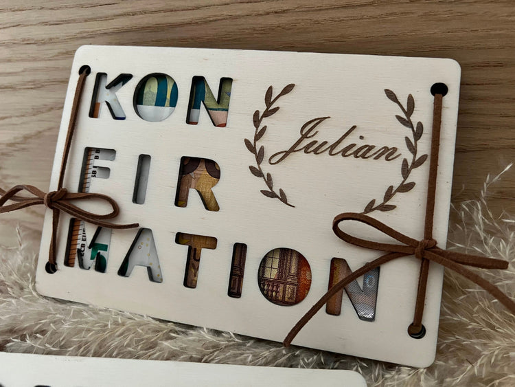 Geschenk zur Konfirmation fürs Patenkind. Personalisiertes Geldgeschenk aus Holz.