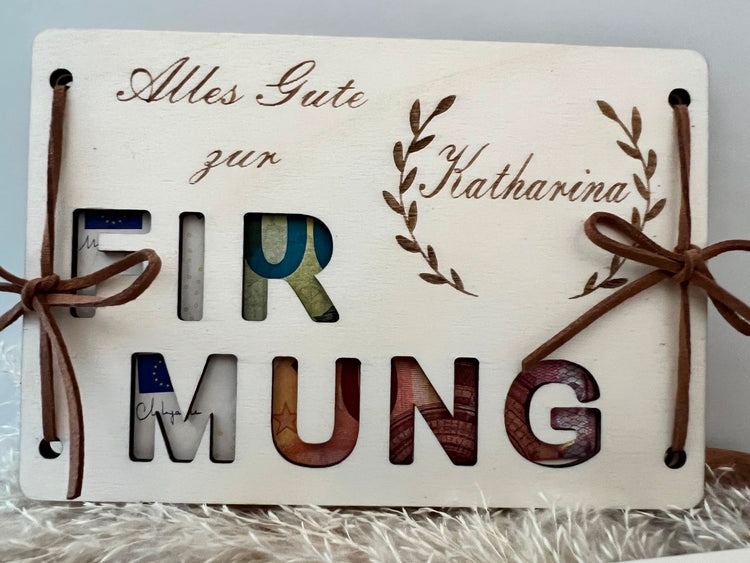 Geldgeschenk zur Firmung Karte aus Holz, graviert mit Namen