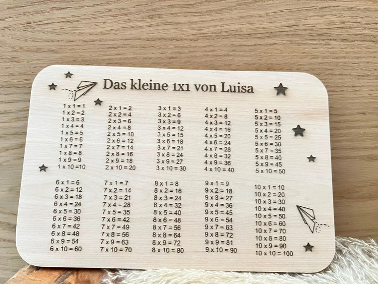 Personalisierte Geschenke zur Einschulung: Zu sehen ist hier ein Frühstücksbrettchen mit Namen graviert und das kleine 1 mal 1.