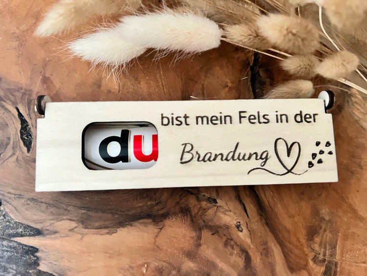 Duplo Geschenkbox aus Holz, graviert mit dem Spruch: Du bist mein Fels in der Brandung, geeignet für Duplo Schokoriegel.