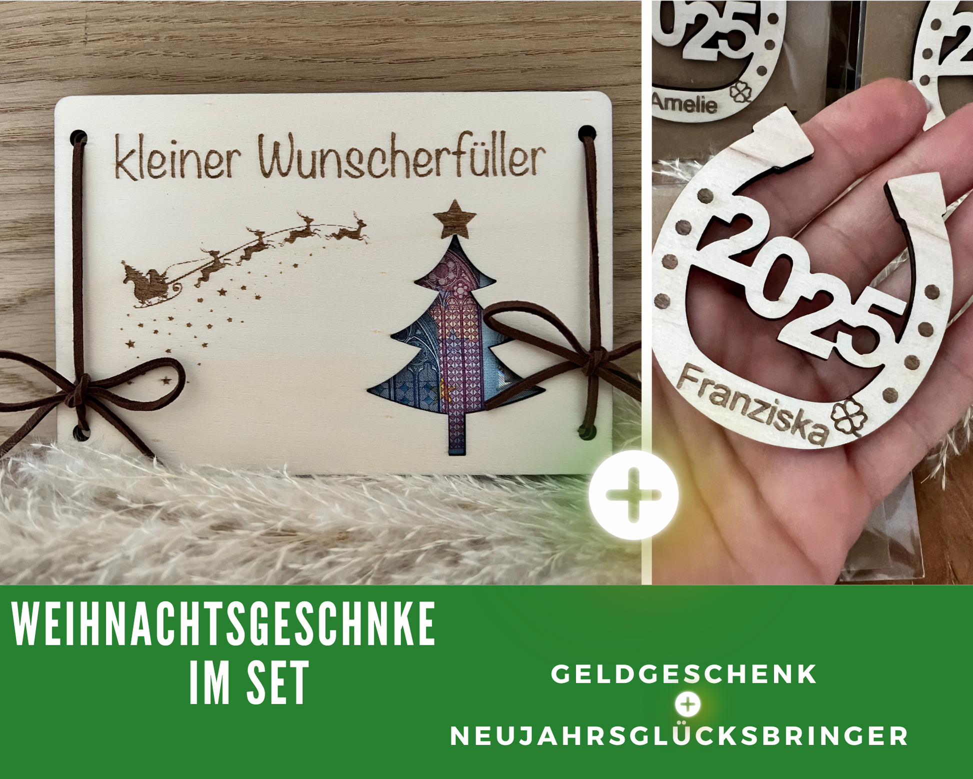 Weihnachtsgeschenk im Set, Geldgeschenk für Weihnachten kleiner Wunscherfüller und Silvester Glücksbringer personalisiert.