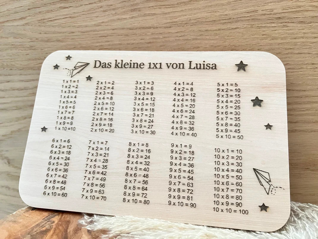 Einschulungsgeschenk: Frühstücksbrettchen mit Namen personalisiert und mit dem kleinen 1 mal 1 graviert.