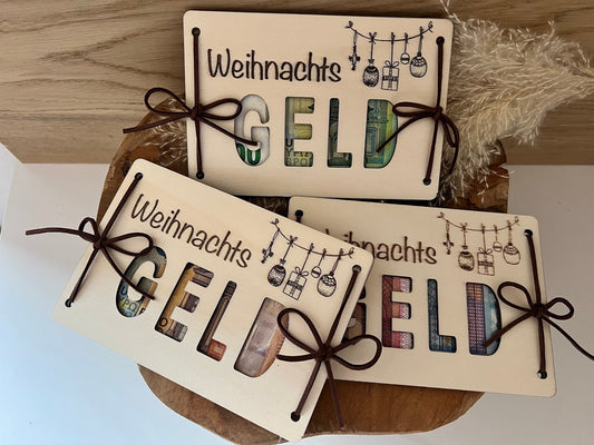 Geldgeschenk Weihnachtsgeld: Geschenkidee für Weihnachten. Gravierte Holzkarten in liebevoller Handarbeit hergestellt.