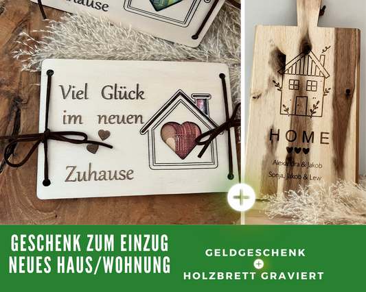 Geschenk zum Einzug in ein neues Haus oder Wohnung. In diesem Set ist ein Geldgeschenk zum Einzug und ein graviertes Holzbrett mit Home und Personalisierung der Familienmitglieder .